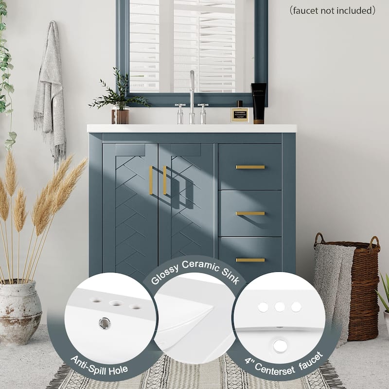30''Bathroom Vanity With Ceramic Sink Combo,Solid Wood Frame Storage Cabinet,Set With 3 Drawers& Soft Closing Doors