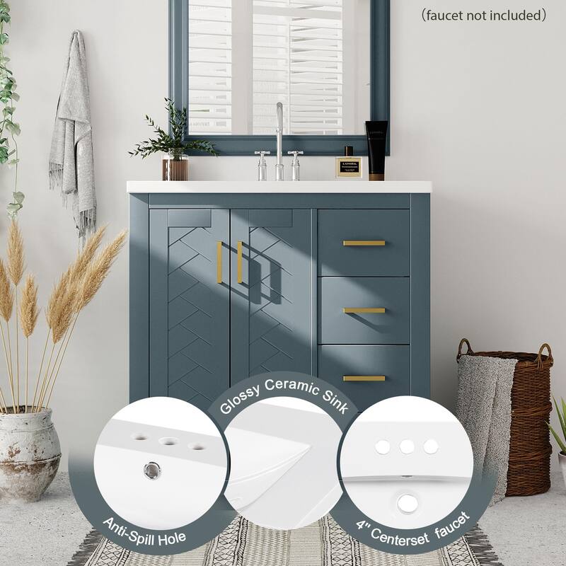 Freestanding 30 Inch Bathroom Vanity with Ceramic Sink, MDF Cabinet with 3 Drawers and Storage Shelf