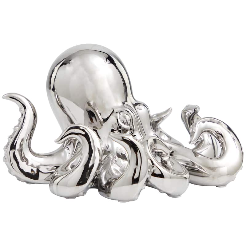 Silver Ceramic Octopus Decorative Sculpture with Textured Tentacles