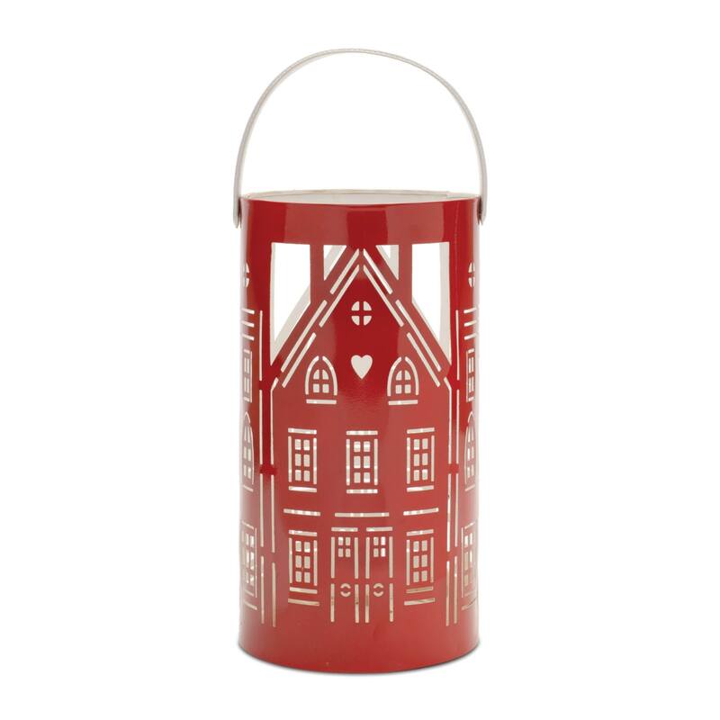 Punched Metal House Candle Lanterns - 12.5" - Red and White - Set of 3