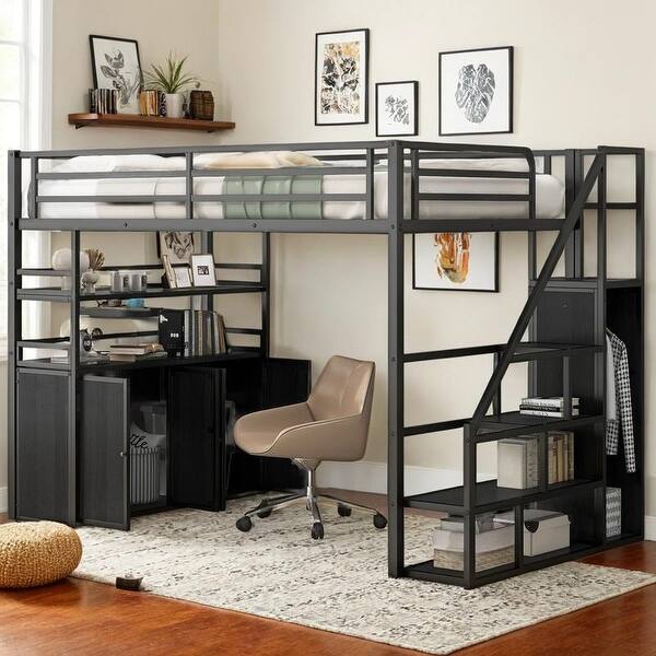 slide 2 of 17, Heavy-Duty Loft Bed with Storage Cabinet, Full Size Black