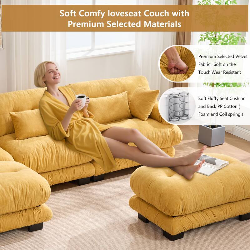 GALDWIN Velvet Upholstered 3-Seater Comfy U-shaped Cloud Tufted Free Combined Sectional Sofa with 2 Ottomans