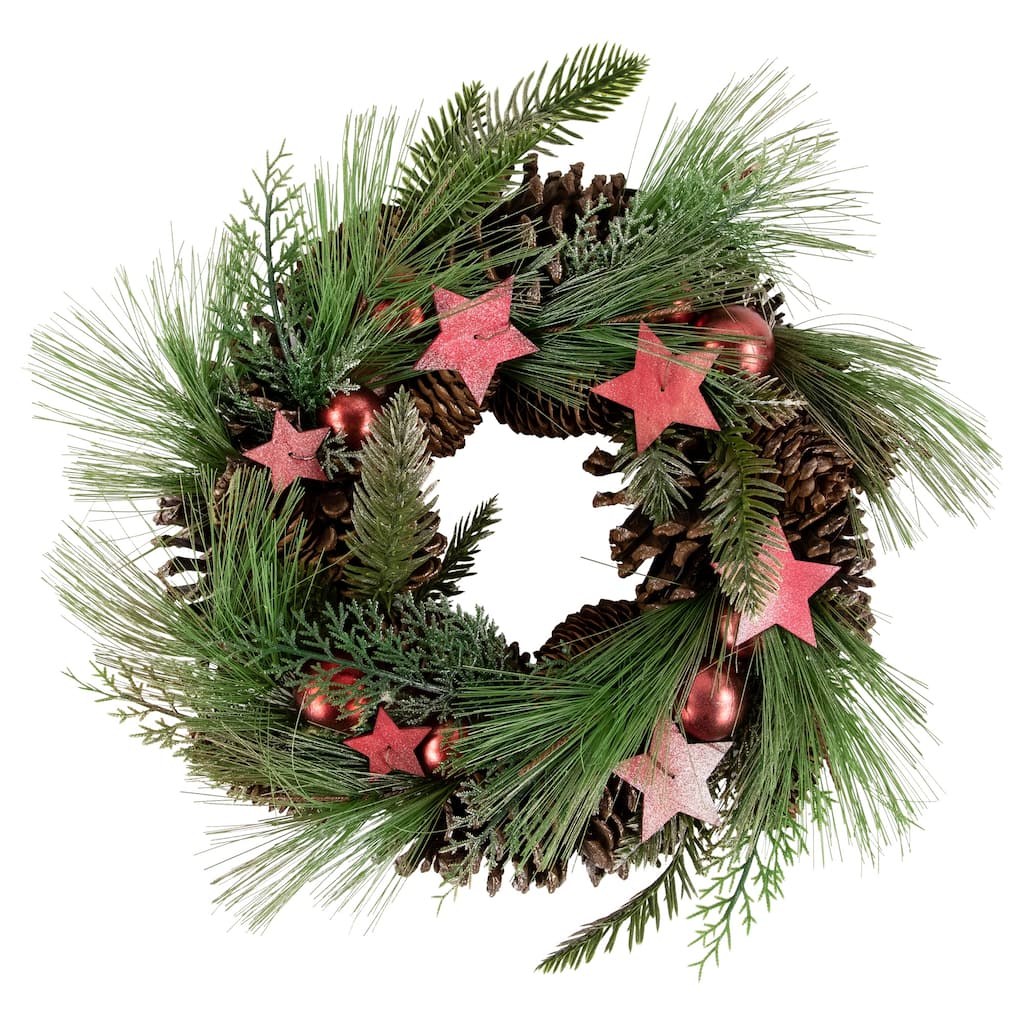 Red Green Pine Needle, Pinecone Star Christmas Wreath, 13.5", Unlit