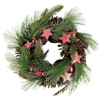 Red and Green Pine Needle Pinecone and Star Christmas Wreath 13.5-Inch Unlit - 13.5"