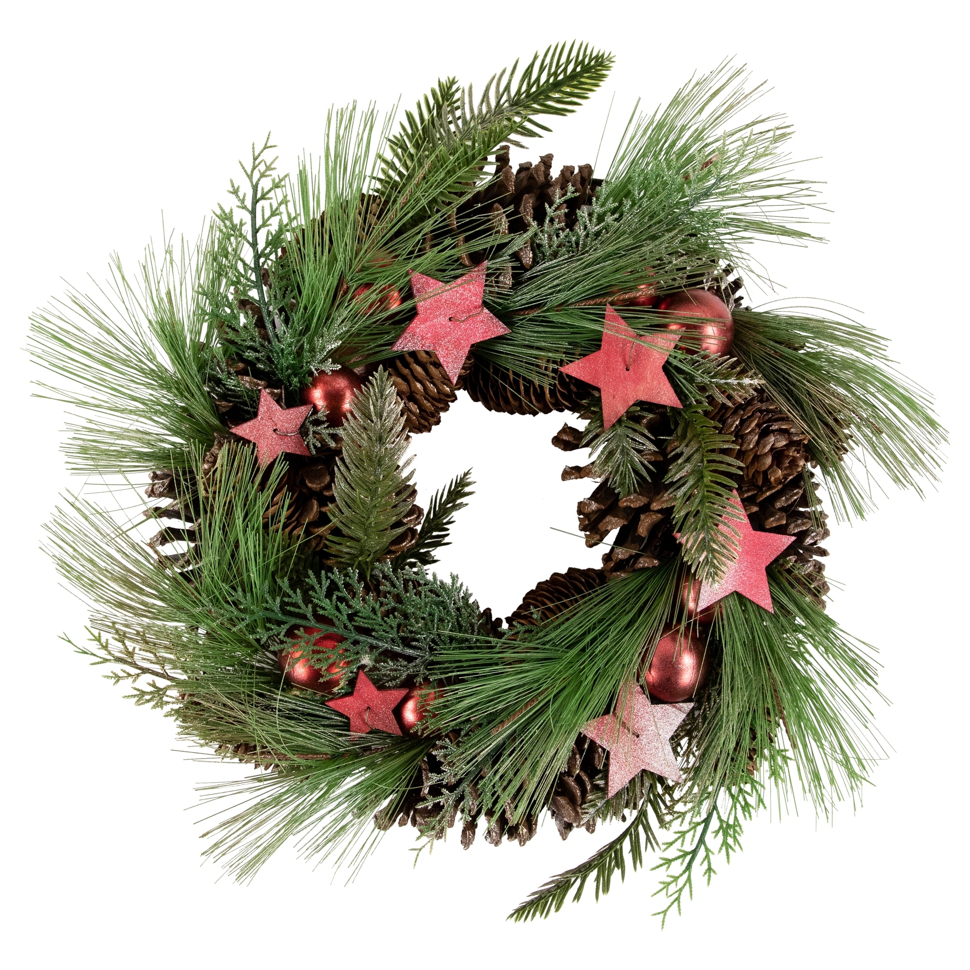 Red and Green Pine Needle Pinecone and Star Christmas Wreath 13.5-Inch Unlit - 13.5"