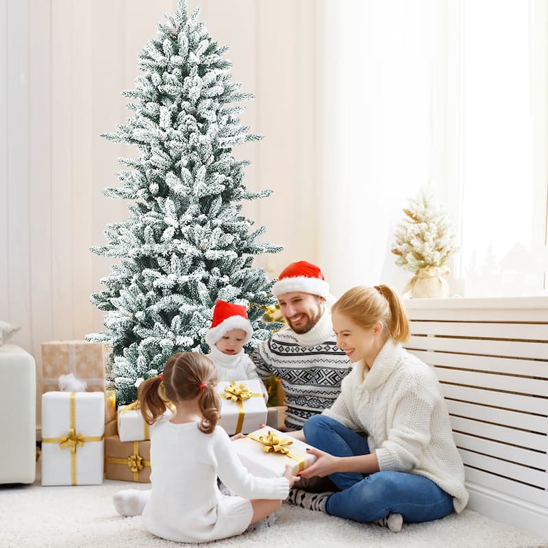 Costway 7Ft Premium Hinged Snow Flocked Slim Artificial Christmas Fir - 7 FT