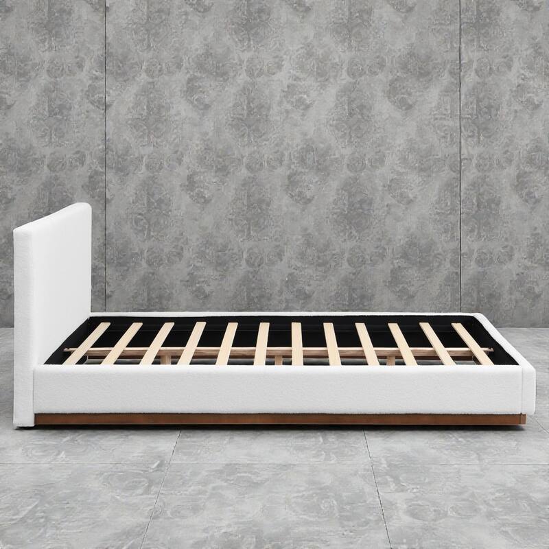 White Fabric Upholstered Bed with Boucle Headboard and Solid Wood Grain Base Frame, No Box Spring Needed