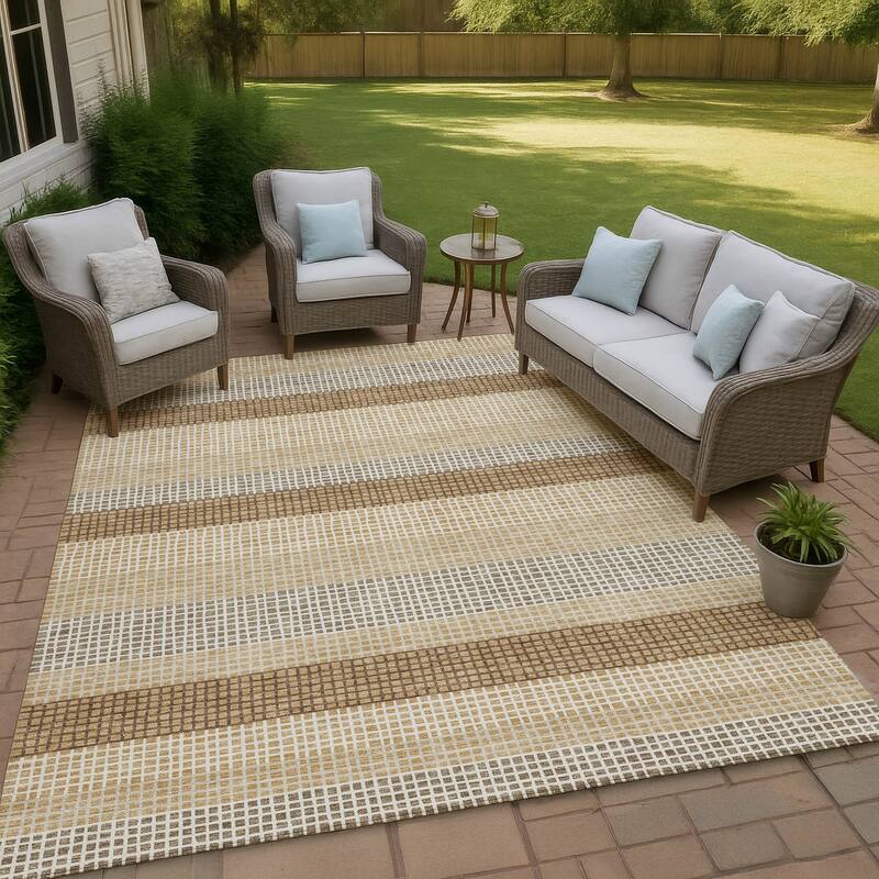 Machine Washable Indoor/ Outdoor Cabana Stripe Chantille Rug - Gold - 9' x 12'