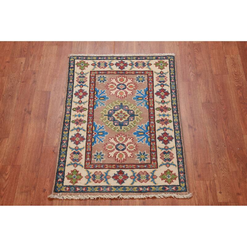 Geometric Kazak Accent Foyer Rug Hand-Knotted Wool Carpet - 2'0"x 3'0"