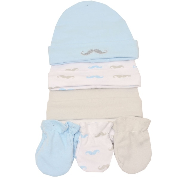 Little Beginnings Baby Boys Light Blue Cream Moustache Print Caps Mittens Set