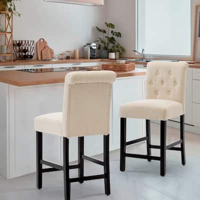24 Inches Fabric Upholstered Counter Height Bar Stools with Button Tufted Back Set of 2