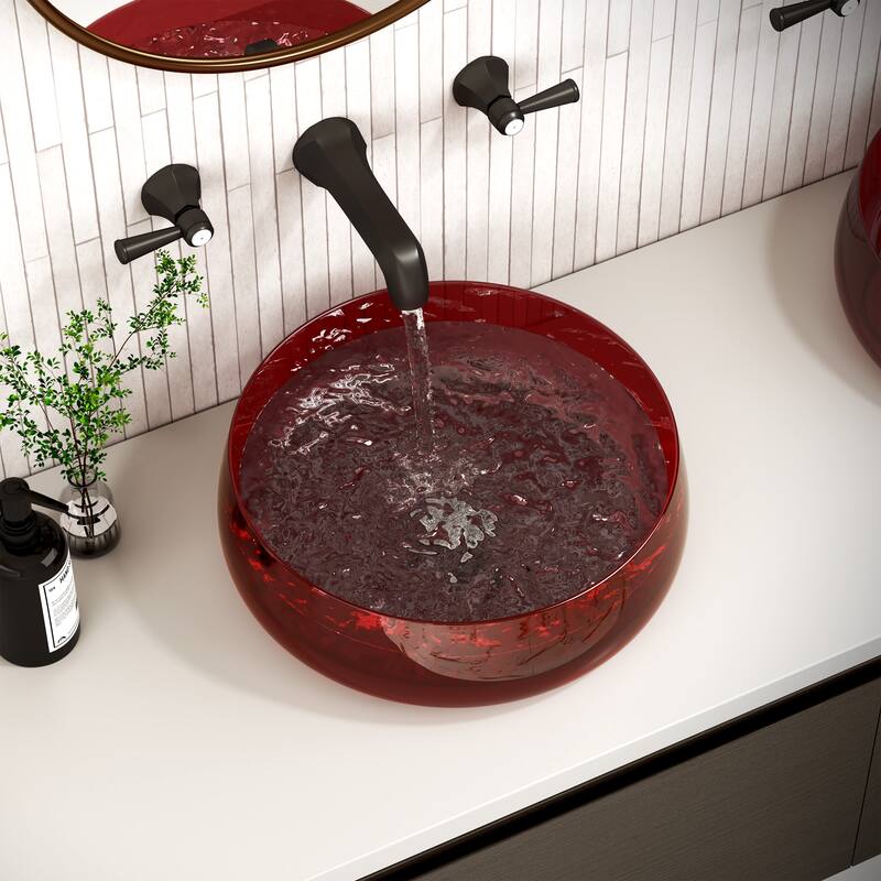Transparent Resin Vessel Bathroom Sink Included Pop-up Drain and Drain Hose, Modern Above Counter Wash Basin with Center Drain - Burgundy (Resin) - 17.72 x 17.72 x 5.51
