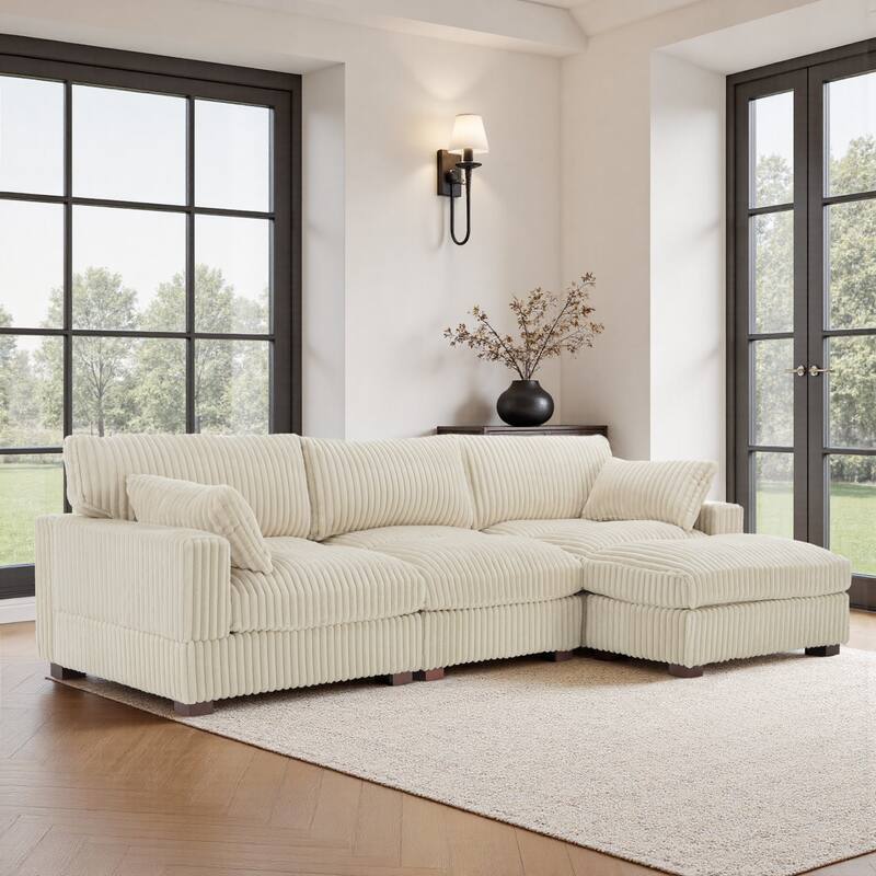 Upholstered Plush Flannel Modular Sectional Sofa with Pillows,Ajustable Headrest - White-4-Piece