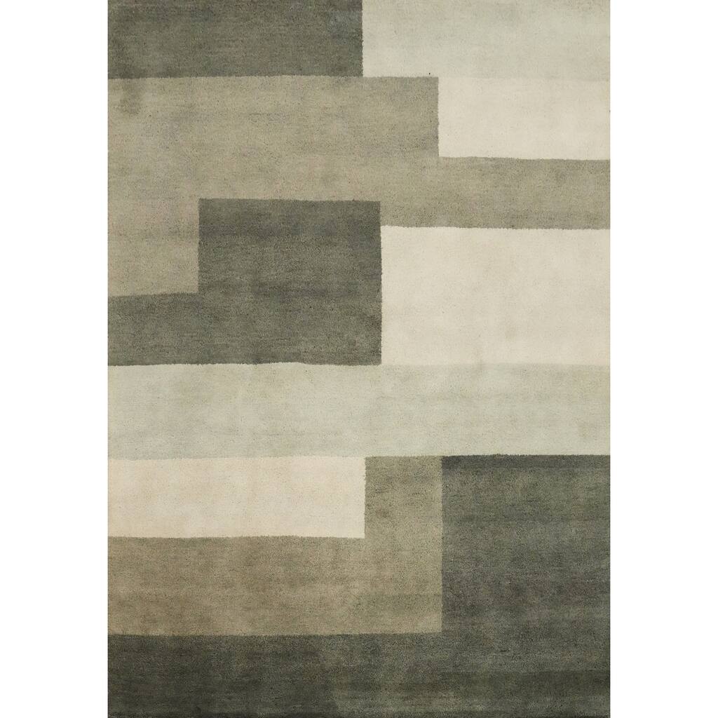 Hand Knotted Oriental 100% Wool Carpet Modern Geometric Green Gabbeh Area Rug - 7' 11'' X 6' 5''