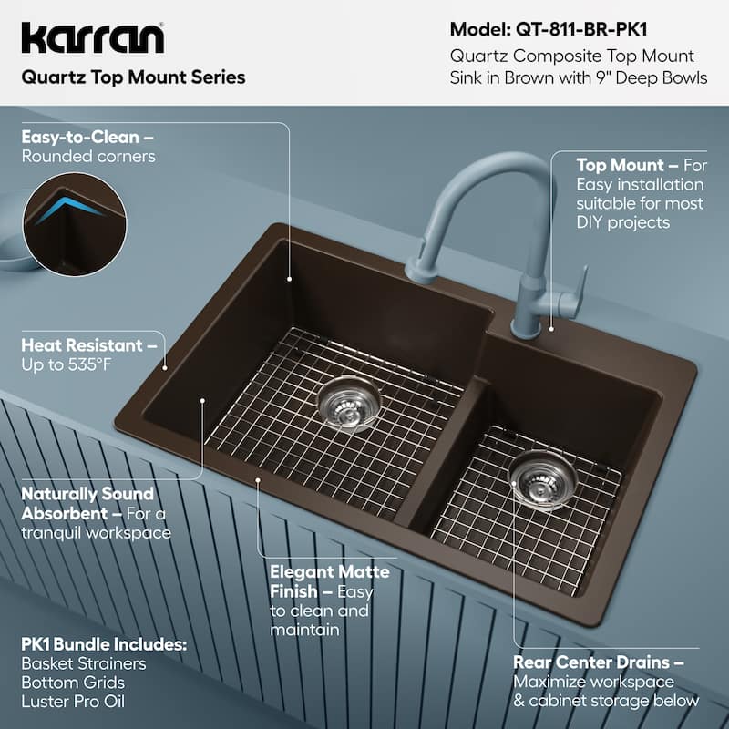 Karran 33" Top Mount Large/Small Bowl Quartz Kitchen Sink Kit - 33" x 22" x 9"