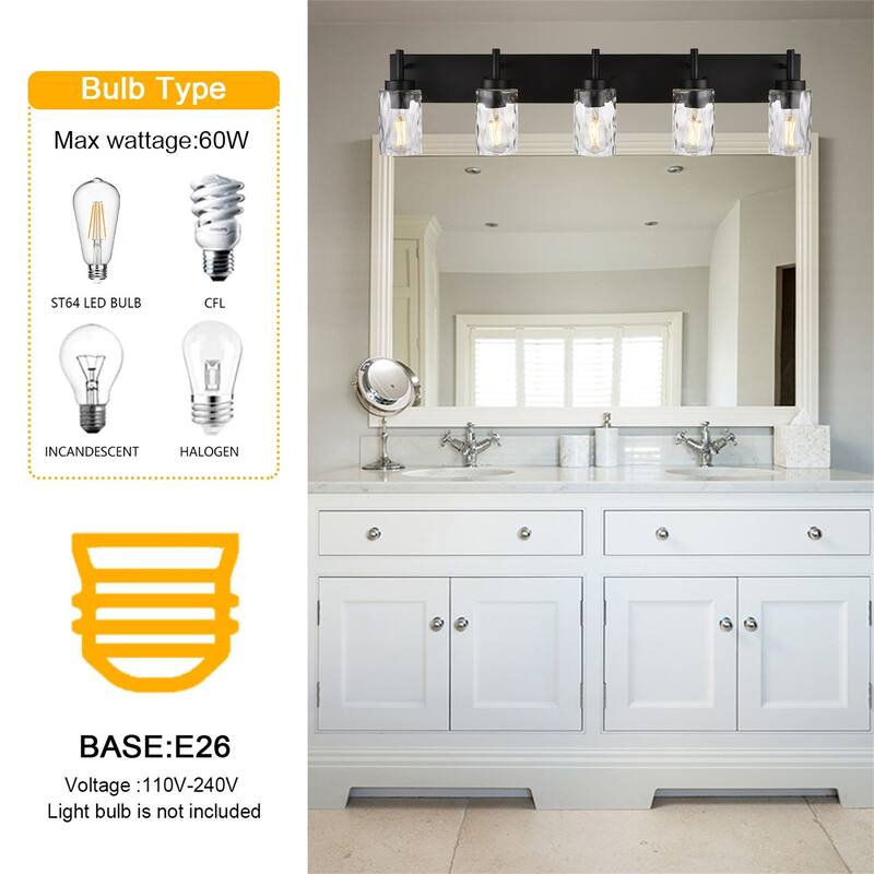 5-Light Black Vanity Light with Hammered Glass