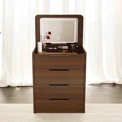 Flip-Top Vanity Table with LED Mirror & Storage, Includes Makeup Stool