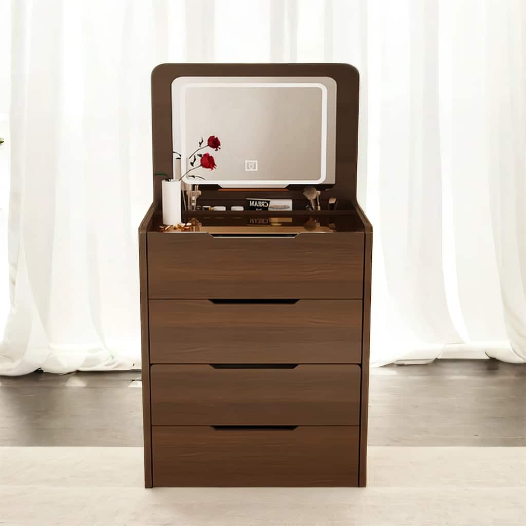 Flip-Top Vanity Table with LED Mirror & Storage, Includes Makeup Stool