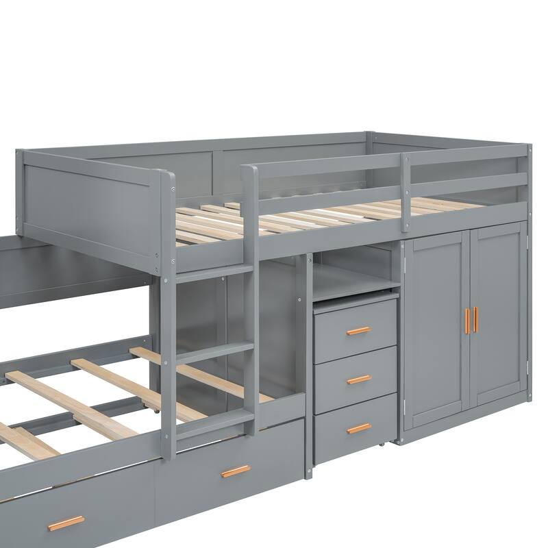 Twin Wooden Bunk Bed with Trundle, Cabinet, Wardrobe, Desk and Drawers