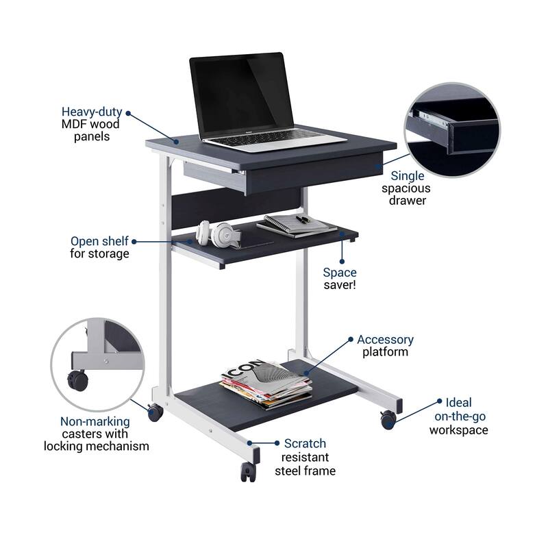 Urban Designs Rolling Compact Laptop Cart Desk With Storage