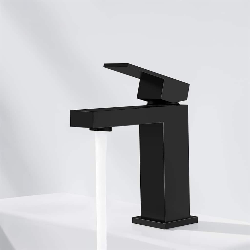 Modern Single Hole Bathroom Faucet, Solid Brass Square Sink Faucet with Pop-Up Drain and Water Supply Hoses