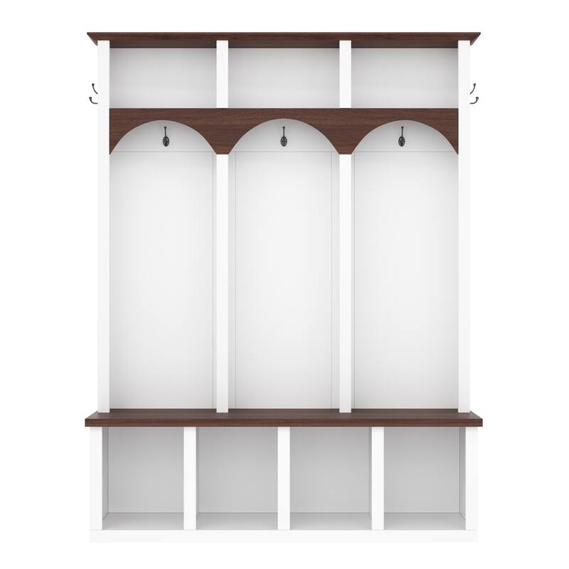 4-in-1Farmhouse Arched Design Hall Tree, Wooden Practical Entryway Walnut Storage Bench with 5 Black Hooks, 7 Cubbies