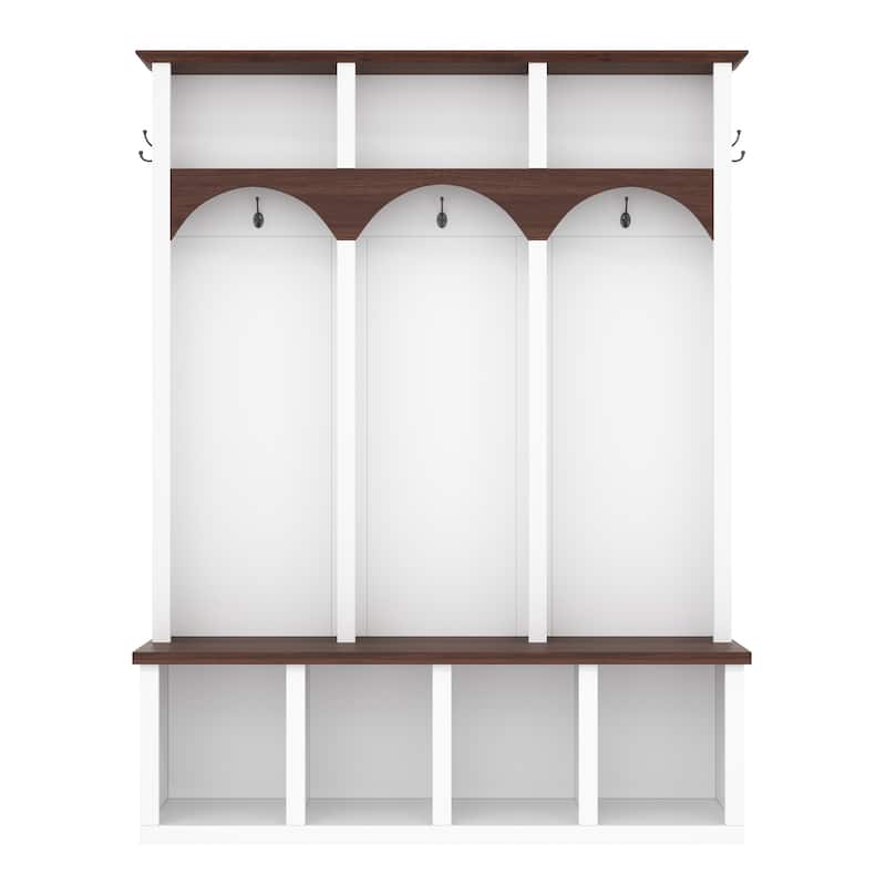 Farmhouse Hall Tree with Storage Bench & Shoe Cabinet, Arched Entryway Organizer with 5 Hooks and 7 Cubbies, Walnut Finish
