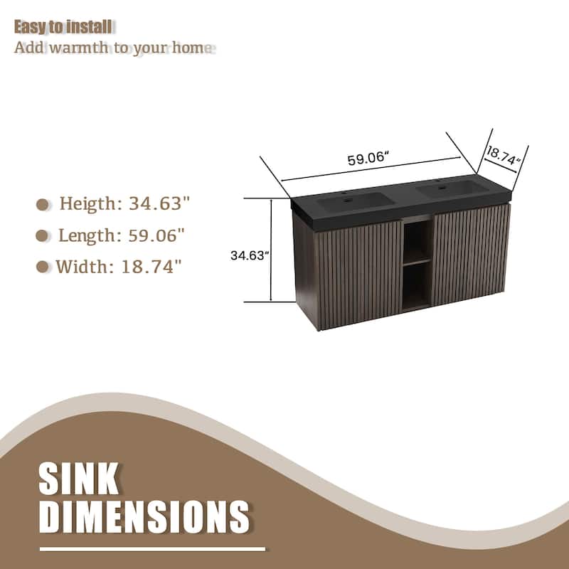 59.6'' Freestanding Bathroom Vanity with Black Integrated Solid Surface Sink in Smoked Oak - 59.49'' x 19.11'' x 36.45''