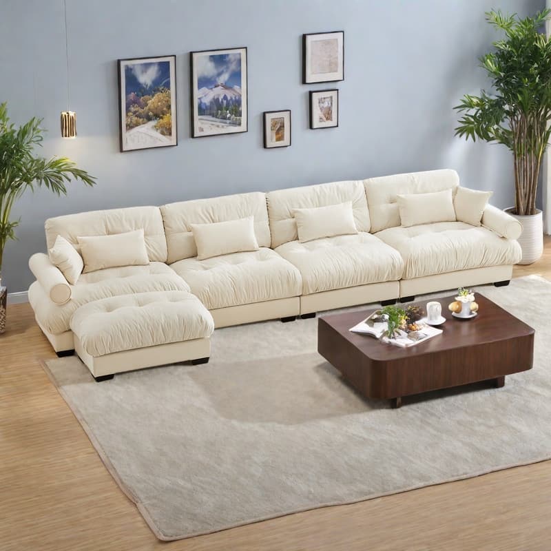 166" 4-Seat Velvet L-Shaped Sectional Cloud Sofa with Convertible Design, Bolstered Armrests, and Included Pillows