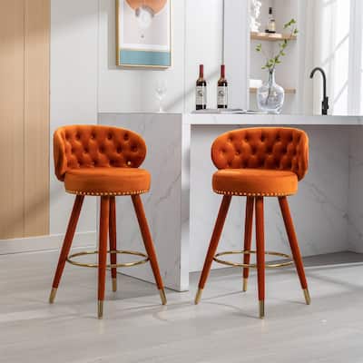 Set of 2 Counter Height Velvet Bar Stools with Solid Wood Legs