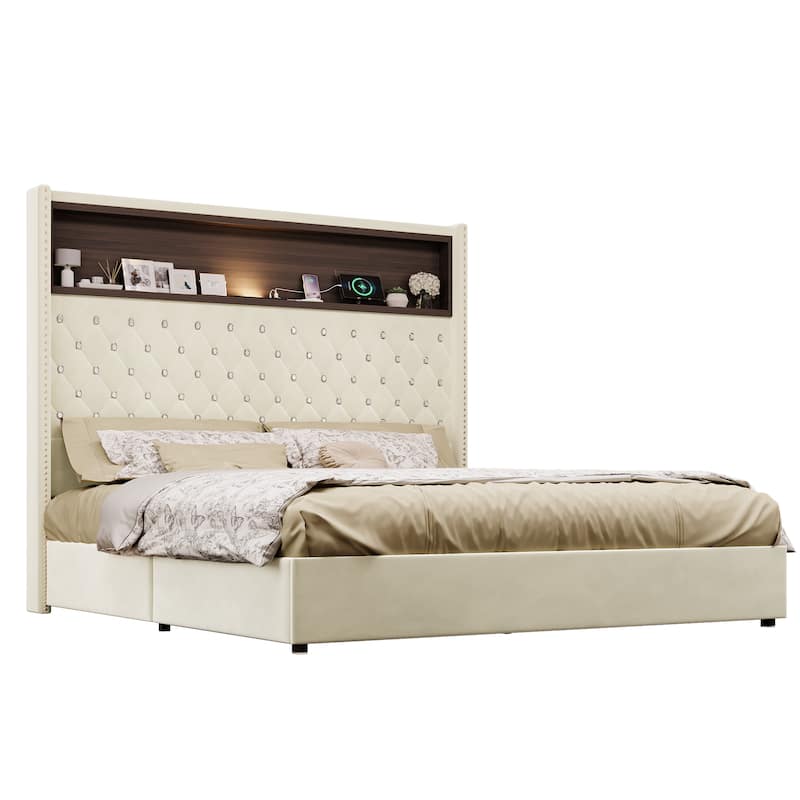 Velvet Tufted Wingback Bed Frame with Rivet Decoration Headboard Built-in Shelf USB Port and Night Light, Soft Platform Bed