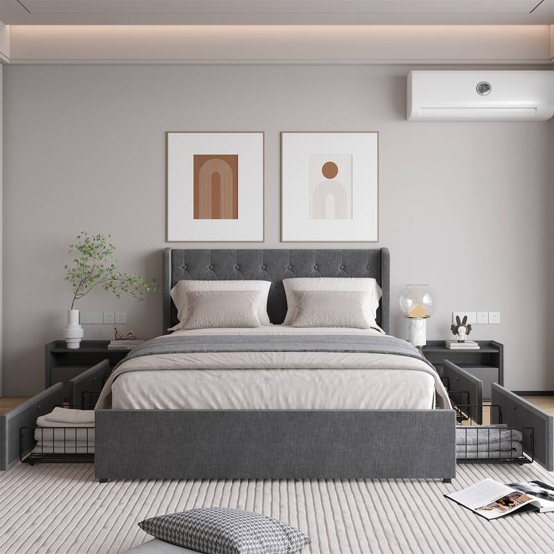 Full/Queen Size Bed Frame with 4 Drawers and Headboard,Button Tufted