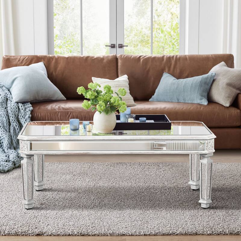 GDF Studio - Lorent Modern Mirrored Coffee Table with Carved Wood Accents - Oak and Silver