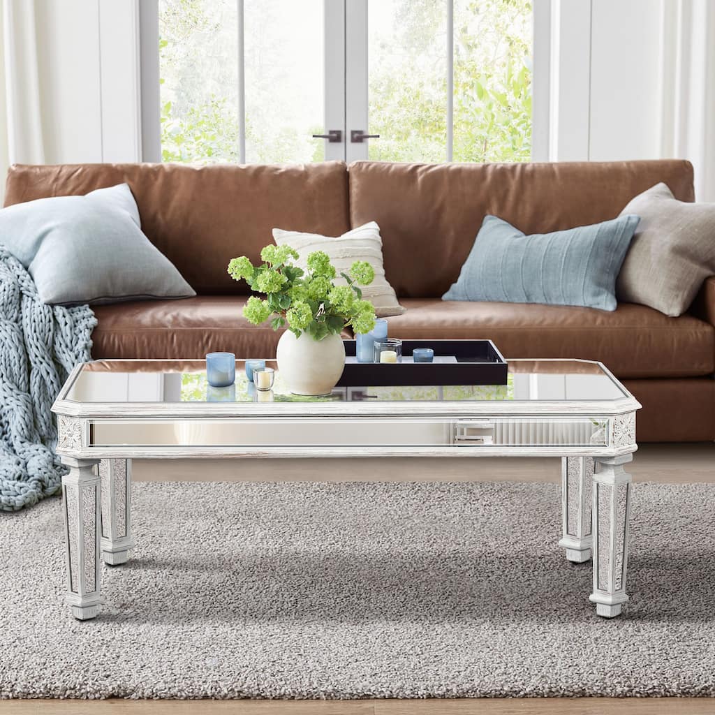 Silver Mirrored Coffee Table Vintage Carving Elements Center Table Rectangle Glass Tea Table for Living Room Office