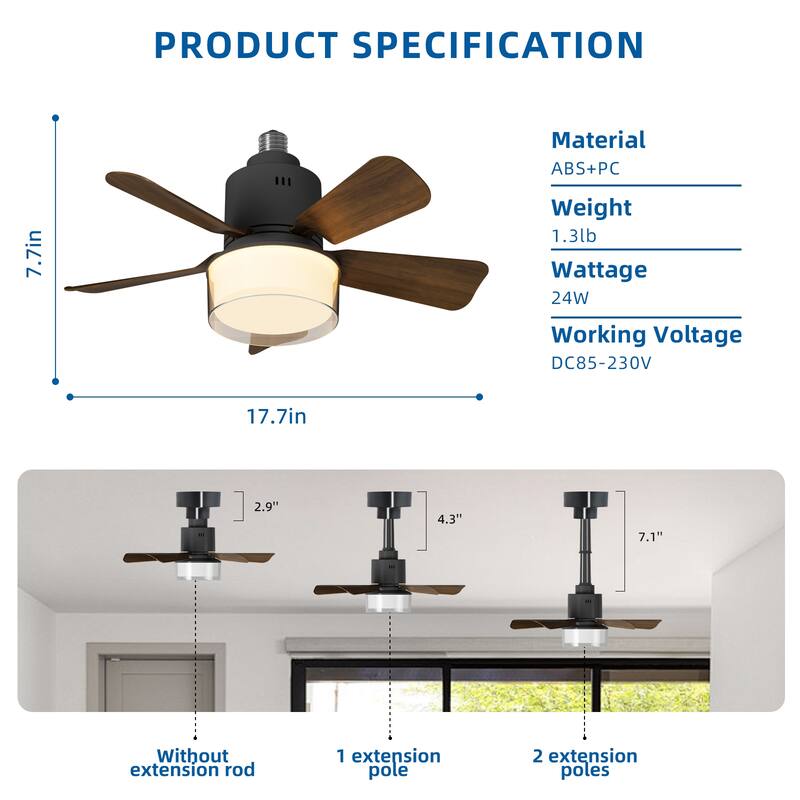 17.7 in. Indoor Socket Ceiling Fan Light with Remote, LED Light, 4 Fan Speeds, Dimmable, 3 Color Temperatures