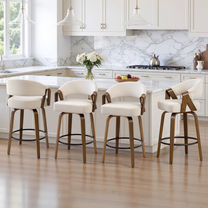 Upholstered Swivel Bar Stool/ Counter Stools with Curved Back - 37.5"H x 20.9"W x 19.9"D - Set of 4 - Off-White-Polyester
