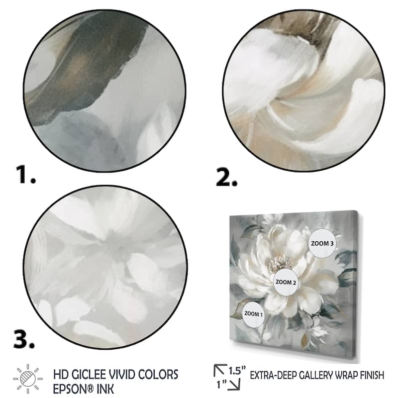 Designart "White Grey Peony Blooms In Motion I" Floral Peony Framed Canvas Art Print