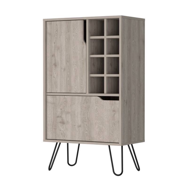 FM Furniture Sheffield L Bar Cabinet with 2 Doors, 4 Inner Shelves, 8 Cubbies, and Hairpin Legs