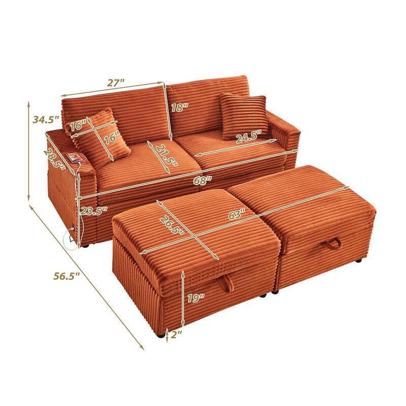 Modular Chaise Sleeper Sofa Bed, Corduroy Loveseat Couch & Storage Ottomans Set with Folding Table Boards and USB Ports