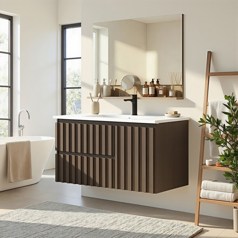 36" Modern Floating Bathroom Vanity with Ceramic Sink, Wall-Mounted Bath Vanity Cabinet with Storage Drawers