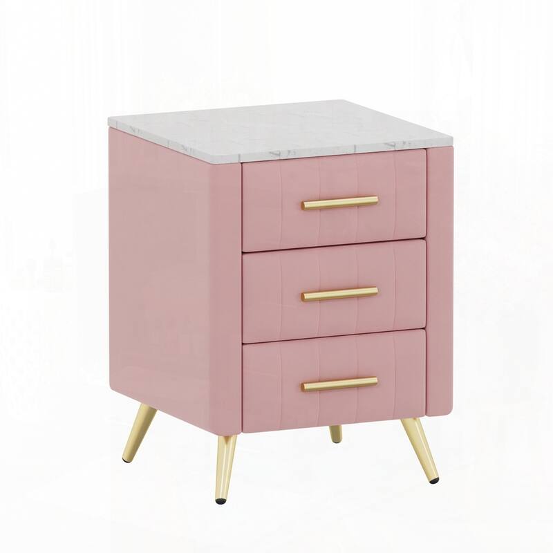 Upholstered Wooden Nightstand with 3 Drawers and Metal Legs&Handles