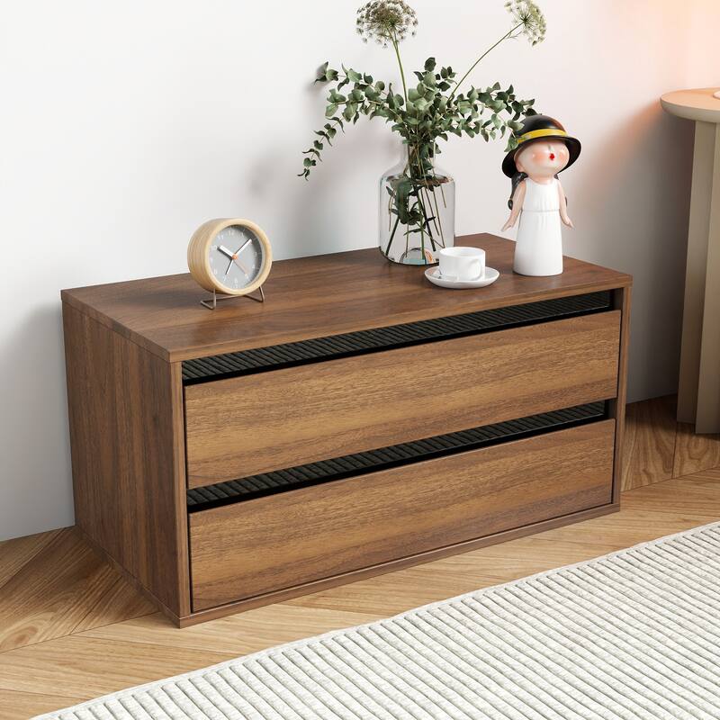 Roomfitters Stackable Mounted Storage Cabinet with 2 Drawers, Wooden Organizer Shelf for Living Room, Bedroom, or Office, Walnut - Walnut