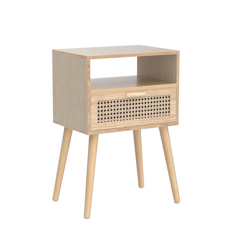 Modern Nightstand Rattan Side End Table with Storage,Accent Bedside Farmhouse Tables with Solid Wood Legs, Easy Assembly