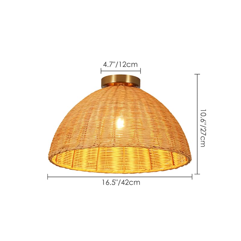 16.5" W Boho Coastal Brown Handwoven Rattan Dome Flush Mount Ceilig Light for Kitchen, Hallways