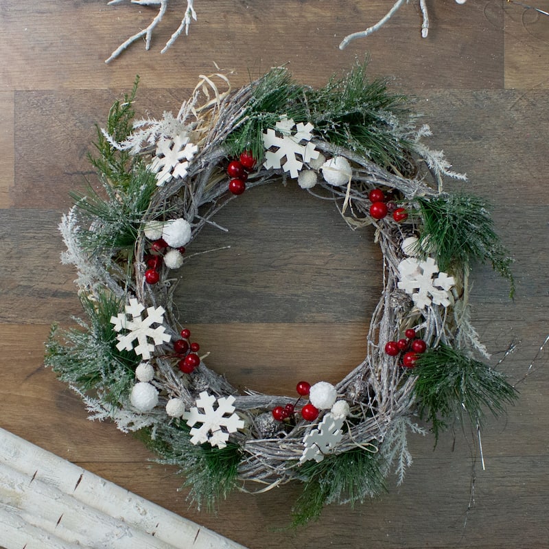 Snowflakes and Berries Winter Foliage Christmas Wreath - 13" - Unlit