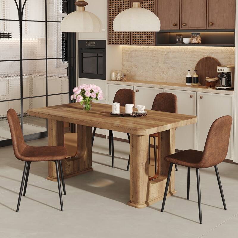 5-Piece Stylish Dining Table Set, Wood Color Textured Kitchen Table with 4 Dining Chairs, Rectangular Dining Table Set for 4
