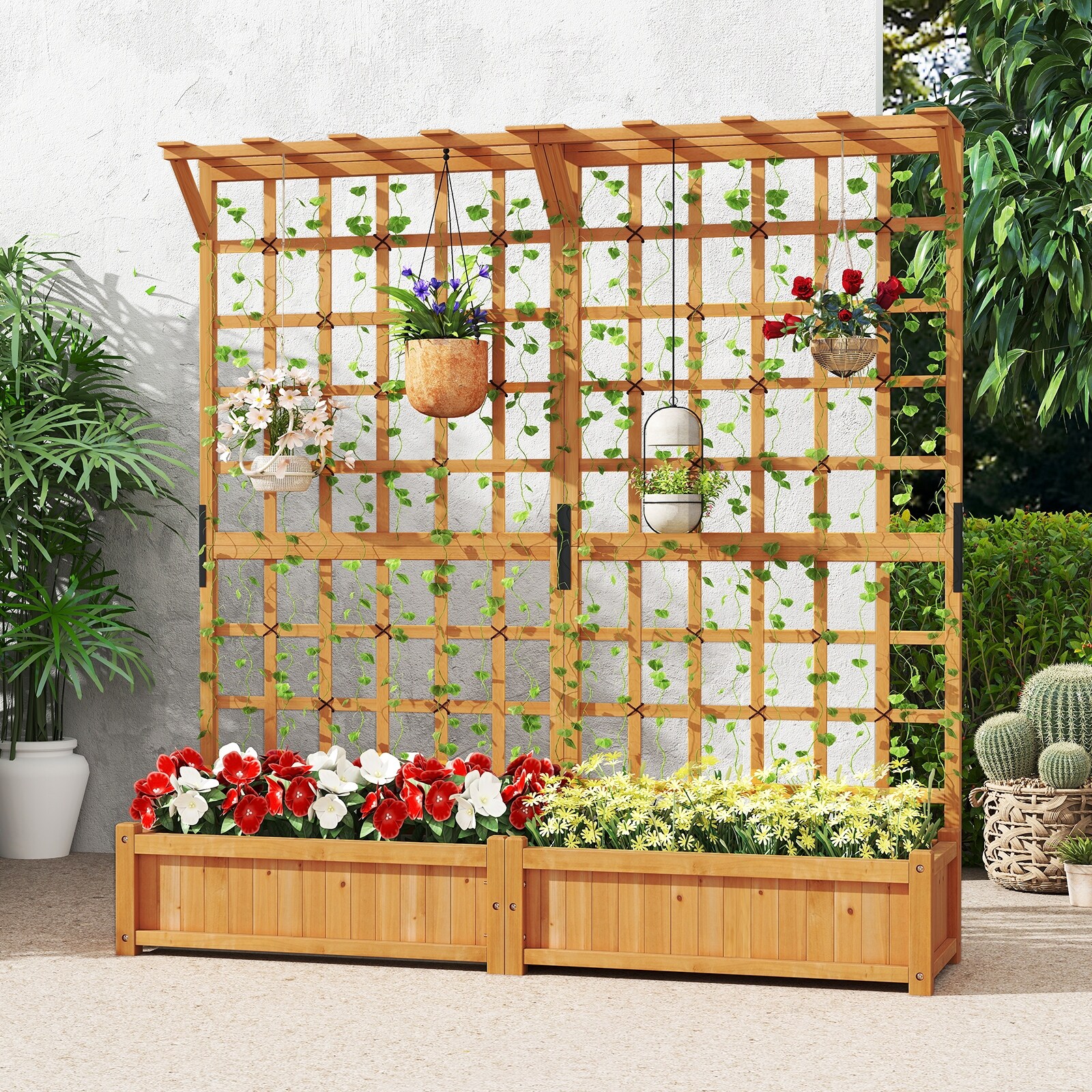 71" Large Wooden Planter with Trellis & Hanging Roof for Climbing Plants -  71" x 19" x 72" - Bed Bath & Beyond - 42938068
