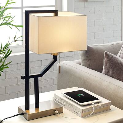 21" Matte Black/Brushed Nickel Table Lamp with USB Port and White Linen Shade， 9.5W LED Bulb Included - 21" H