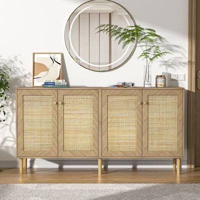Anmytek Modern 63" W 4 Door Large Buffet Sideboard Wood Rattan Kitchen Storage Cabinet with Adjustable Shelves