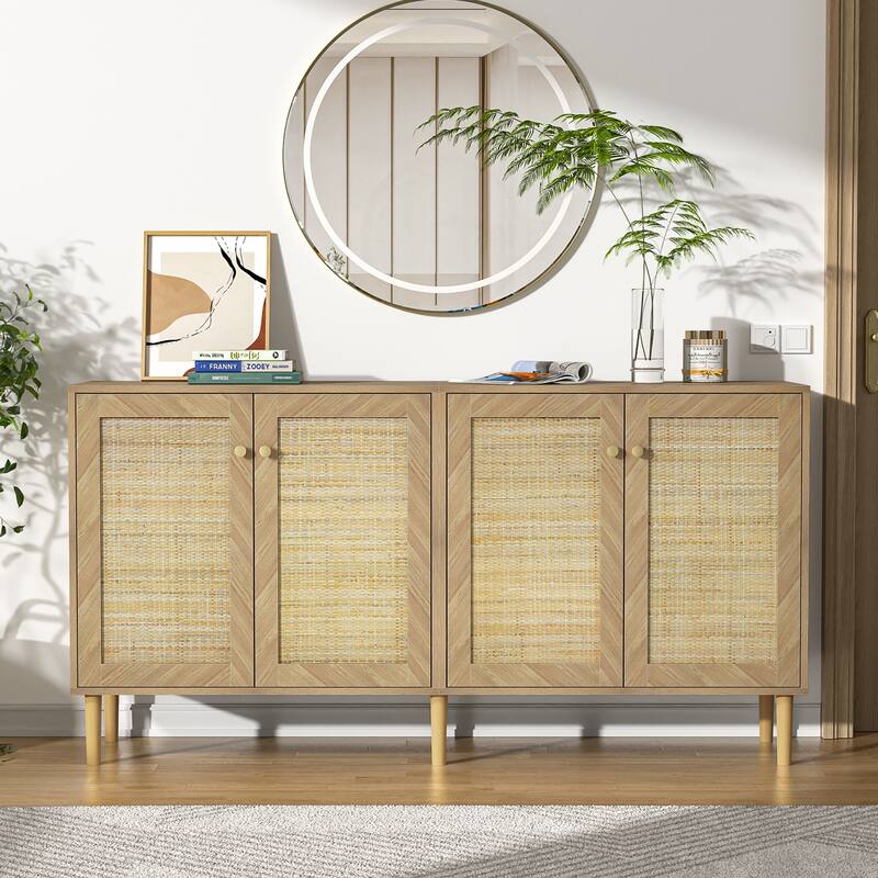 Anmytek Modern 63" W 4-Door Large Sideboard Buffet Rattan Kitchen Storage Cabinet with Adjustable Shelves